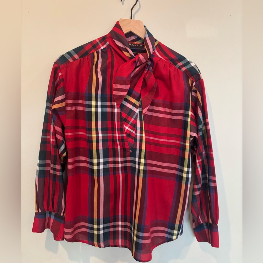 Vintage Tartan Holiday Plaid Red Women's Top bow Christmas
